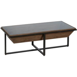 LOLAhome Salontafel gesneden piramide van hout en zwart en natuurlijk gehard glas, 120 x 60 x 43 cm