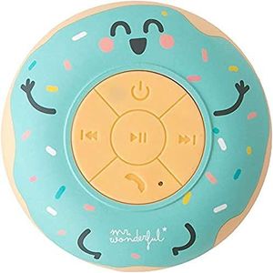 Draadloze Bluetooth douche speaker in de vorm van een donut, merk Mr. Wonderful met 3-4 uur gebruiksduur en een zuignap voor bevestiging. Kleur groen