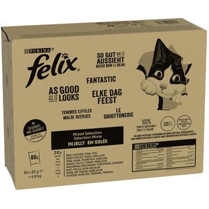Felix Elke Dag Feest Mix Selectie in Gelei - Kattenvoer Natvoer - Kabeljauw Tonijn Rund & Kip - 80 x 85 g