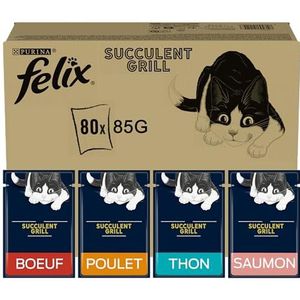 felix Purina Felix Set van 1 rustieke kattentheedoeken met rundvlees, kip, zalm, tonijn, 80 enveloppen van 80 g, 1 stuk