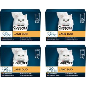 Gourmet Perle Duo – Kattenvoer Natvoer – Kip & Rund / Kalkoen & Lam / Kalf & Eend / Konijn & Wild – 48 x 85 g