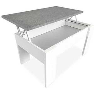 Duérmete Online In hoogte verstelbare salontafel voor woonkamer of eetkamer, afmetingen: 90 cm x 50 cm x 46-57 cm, witte houten afwerking met steengrijze plaat