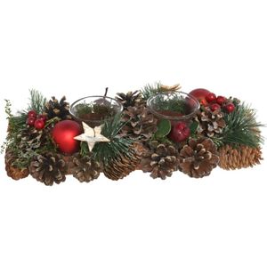 Kaarsenhouder - ornament red-green nature - 30 x 15 x 8 cm - Kerst thema