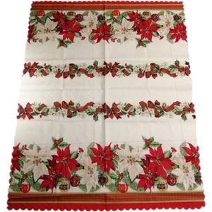 Kerst thema print tafelkleed van 150 x 250 cm - Kerstbloemen print in de kleuren ecru/groen/rood - Materiaal: polyester