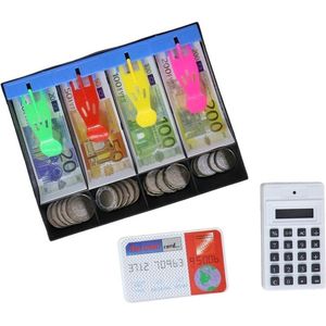 Speelgeld set in kassa lade - met rekenmachine en bankpasje - Winkeltje spelen - Speelgeld