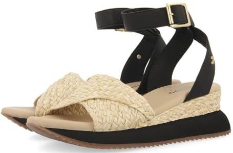 Gioseppo - Mehama - Sandalen - Beige en Zwart - Gevlochten Raffia Bovenwerk - Bandhak met Verstelbare Gesp