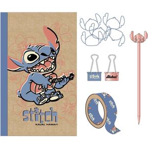 CERDÁ LIFE'S LITTLE MOMENTS - Stitch schrijfwarenset A5 Kraft - 21 x 13 cm - Kuli zwart van metaal, plakband, 1 clip met figuren + 2 metalen clips