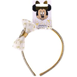 Minnie Mouse haarband, kleur wit en goud, gemaakt van 100% polyester, met strik aan de zijkant met Minnie Mouse-print, origineel product ontworpen in Spanje