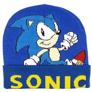 Sonic Gebreide muts in blauw, wit en geel - eenheidsmaat - gemaakt van 100% acryl - etiket aan de voorzijde met naam, origineel product, ontworpen in Spanje, Blauw, one size