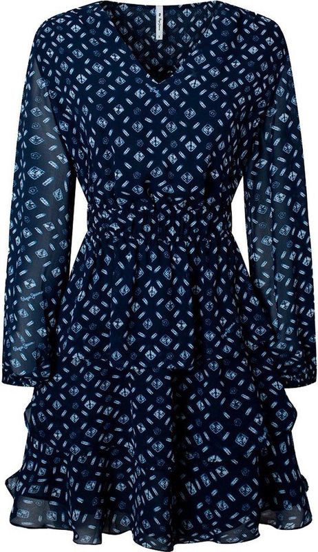 Jerseyjurk - Marineblauw - Chiffon - Lange Mouwen - Geometrische Print