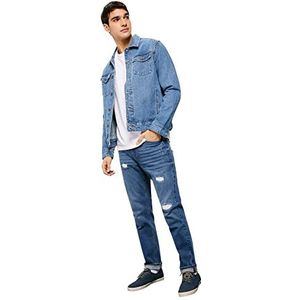 Springfield Slim Jeans Lichtgewicht Washed Reparatie Heren Jeans, Medium Blauw