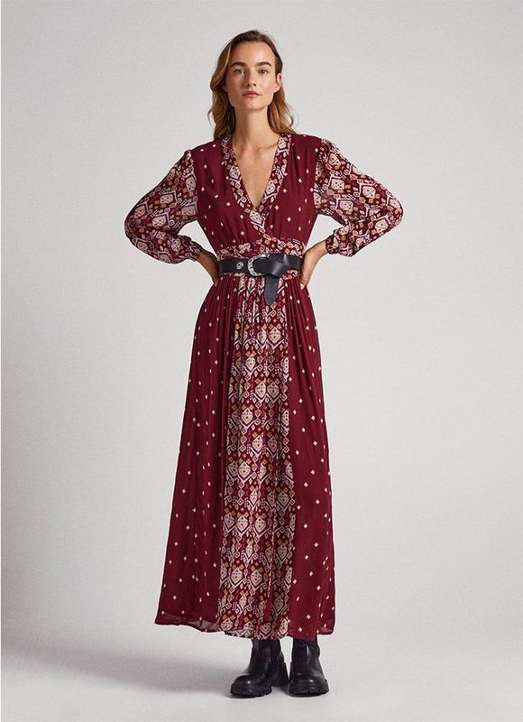 Pepe Jeans - Giomar - Damesjurk - Vloeiende Stof - V-halslijn - Lange Pofmouwen