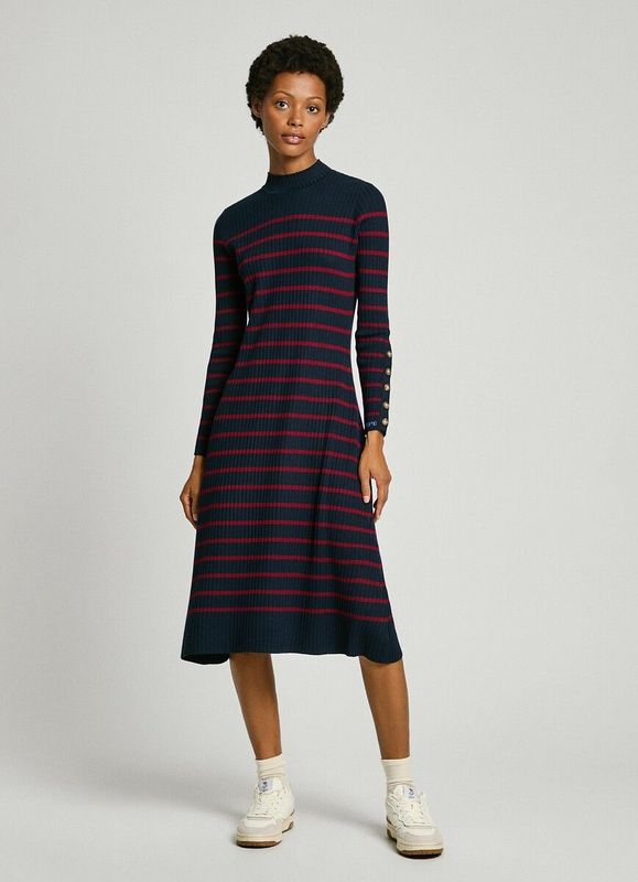 Pepe Jeans - Dames Midi Jurk - Veelkleurig - Geribbeld Gebreid - Knoopdetail