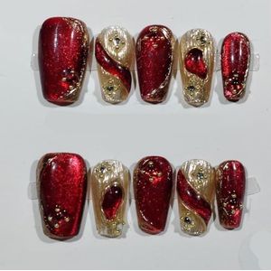 Handgemaakte Nail Art Nieuwe Rode Cat Eye Nieuwjaar Lange Nepnagels Herbruikbare Nagels Tips Volledige Cover Glitter (Size : S)