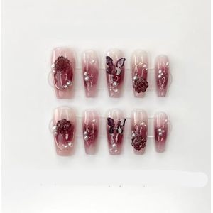 Handgemaakte nagel dragen pittige meisje wijn rode Camellia vlinder valse nagels patch nagel whitening (Color : Long ladder, Size : M)