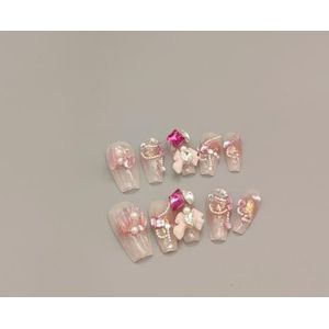 Handgemaakte Dragen Nail Roze Boog Zoete Doodskist Type Manicure Nail Patch Draagbare Nail Verwijderbare Herbruikbare 10Pcs