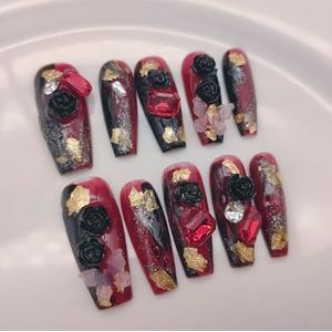 Handgemaakte dragen nagel wijn rode lange manicure nagel patch draagbare nagel verwijderbare herbruikbare zware industrie explosieflits