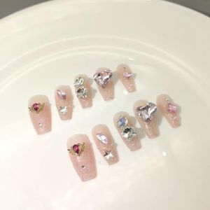 Handgemaakt met nagellicht oranje kleur Diamond Heart Nail Patch Draagbare nagel Nagelverbetering for dames meisje 10PCS