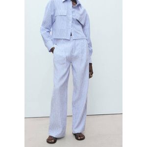 Mango - Wide Leg Regular Waist Pantalon - Blauw - Linnenmix