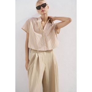 Mango - Blouse - Beige - Katoen - Korte Mouwen