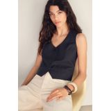 Mango - Gilet - Donkerblauw - Mouwloos - V-hals - Katoen en Linnen