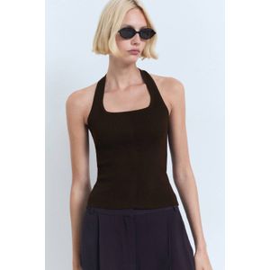 Mango - Haltertop - Donkerbruin - Rib Gebreid