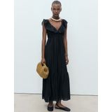 Mango - Maxi Jurk - Zwart - Mouwloos - V-hals