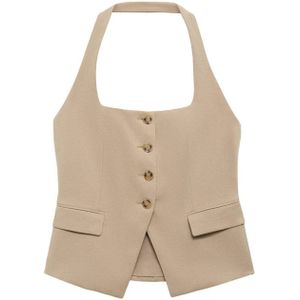 Mango - Gilet - Beige - Mouwloos - Halterkraag met Knoopsluiting
