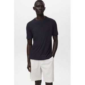Mango Man - Linnen T-shirt - Donkerblauw - Slim Fit - Korte Mouwen