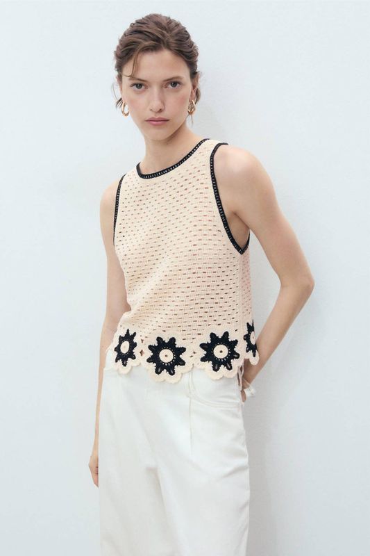 Mango - Mouwloze Top - Ecru - Crochet