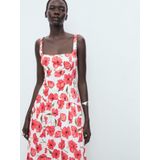 MANGO - POLA - Zomerjurk - Groen Rood Zwart Offwhite - 3/4 Lengte - Bloemenprint