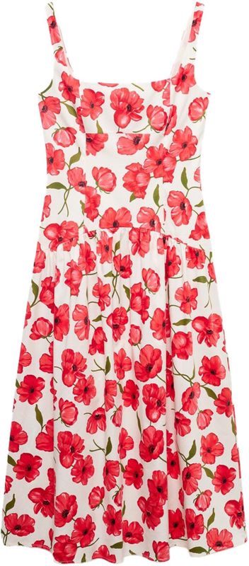 MANGO - POLA - Zomerjurk - Groen Rood Zwart Offwhite - 3/4 Lengte - Bloemenprint