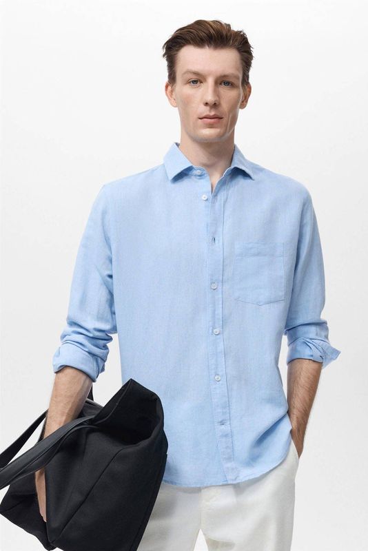 Mango Man - Overhemd - Lichtblauw - Linnen - Regular Fit