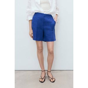 Mango - Bermuda Short - Blauw - Linnen - Straight Fit - Regular Waist