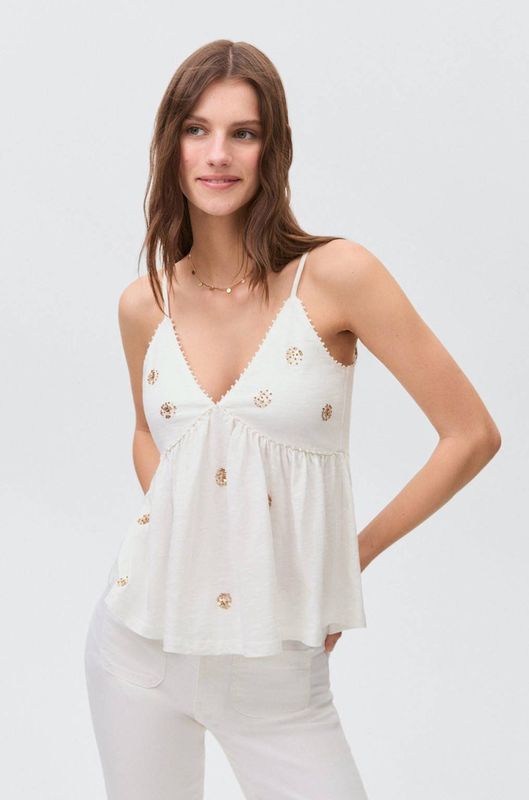 Mango - Top - Mouwloos - Wit - 100% Katoen - Pailletten