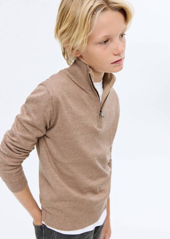 Mango Kids - Gebreide Trui - Beige - Lange Mouwen - Opstaande Kraag