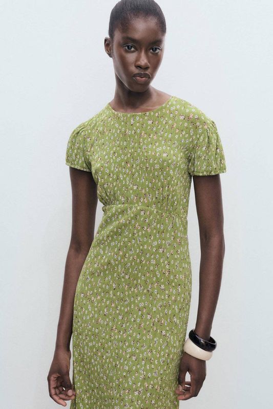 Mango - Zomerjurk - Groen - Korte Mouwen - Ronde Hals