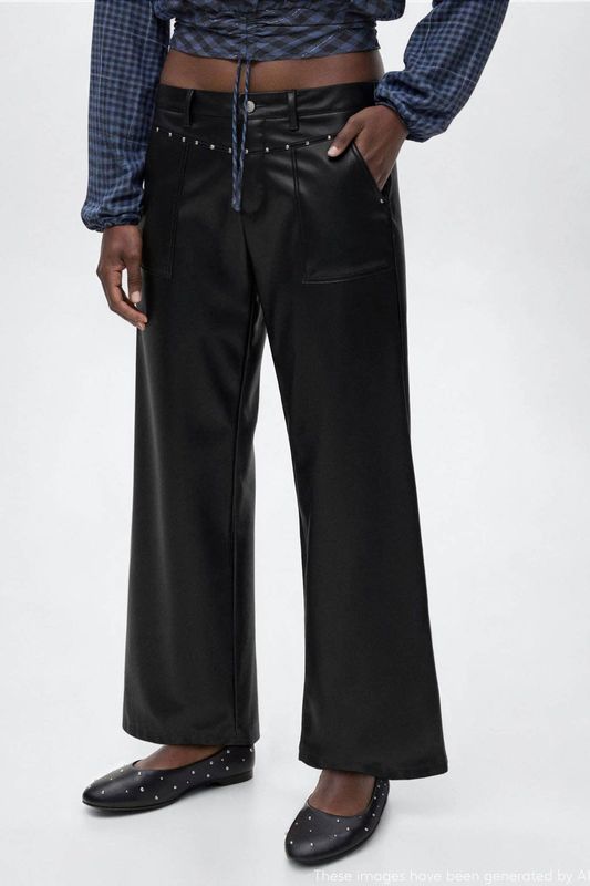 MANGO TEEN - Imitatieleer Broek - Rechte Pasvorm - Lage Taille - Met Studs - Broeken