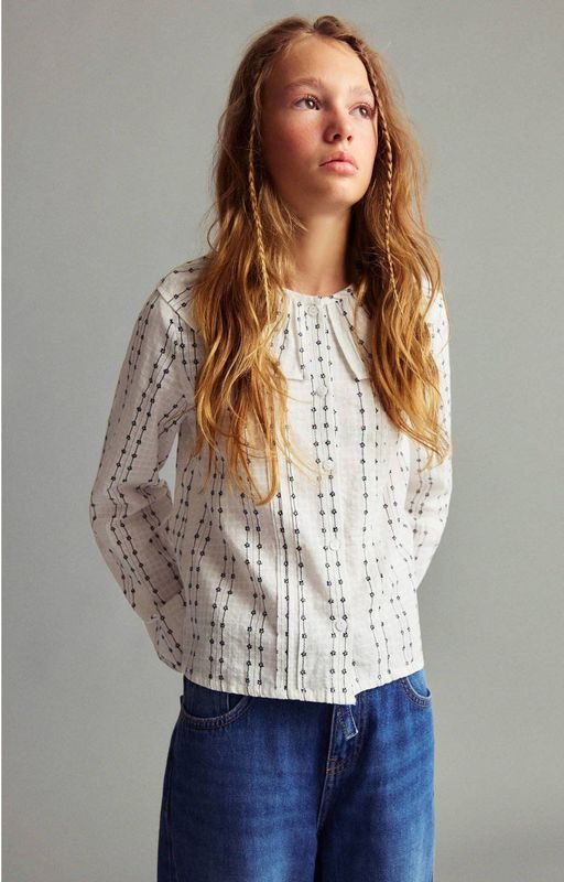 Mango Kids - Blouse - Lichtbeige - Met Blauwe Bloemenprint