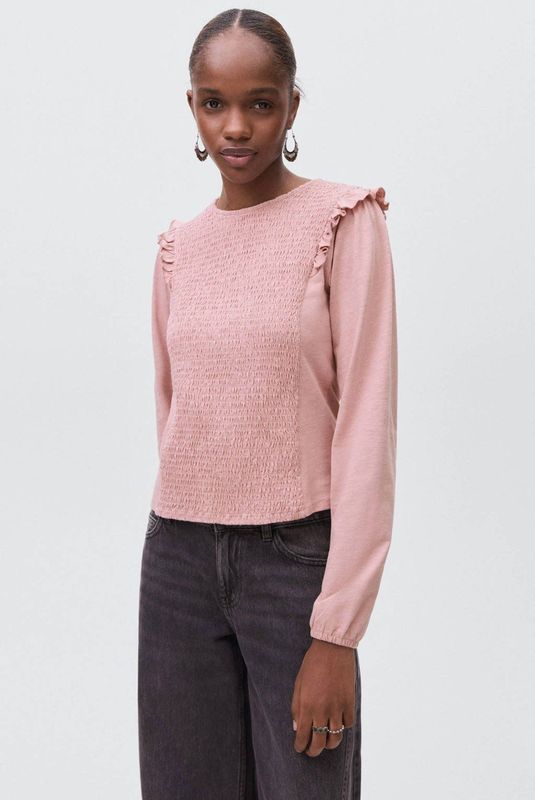 MANGO TEEN - Top - Katoen - Lange Mouwen - Ronde Hals - Ruches en Smockwerk