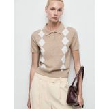 Mango - Top - Beige - Korte Mouwen - Klassieke Kraag