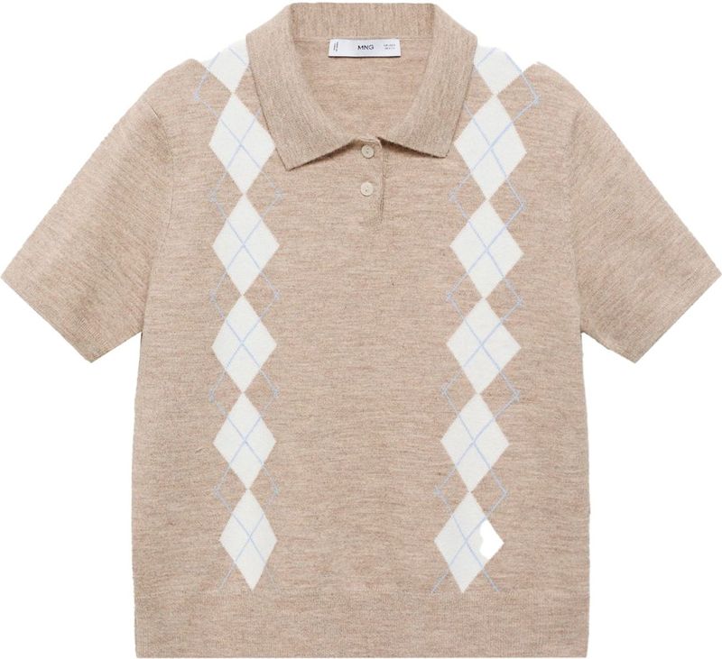 Mango - Top - Beige - Korte Mouwen - Klassieke Kraag