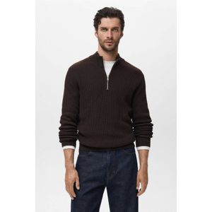 Mango Man - Rib Gebreide Trui - Donkerbruin - Straight Fit - Lange Mouwen