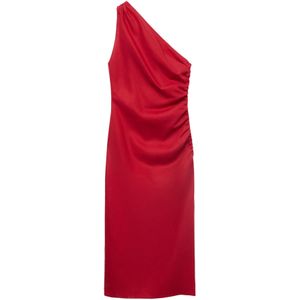 Mango - A-lijn Jurk - Rood - Mouwloos - One Shoulder Kraag