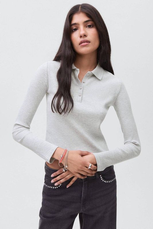 MANGO TEEN - Polo - Grijs - Rib Gebreid - Lange Mouwen