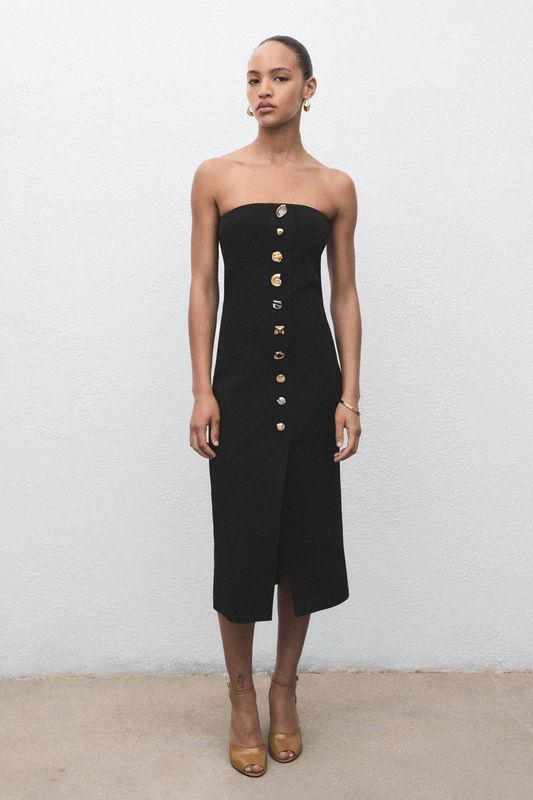 Mango - Midi Jurk - Zwart - Mouwloos - Strapless Kraagvorm