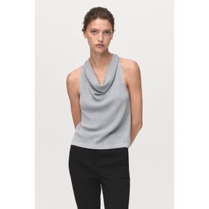 Mango - Top - Zilver - Fijn Gebreid - Mouwloos - Watervalhals