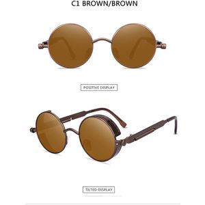Fler® | Retro Steampunk Zonnebril - Sunglasses - Zonnebril met UV400 en polarisatie filter - Bruine montuur, Bruine glazen