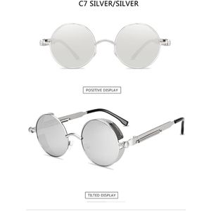 Fler® | Retro Steampunk Zonnebril - Sunglasses - Zonnebril met UV400 en polarisatie filter - Zilver montuur, Zilver glazen