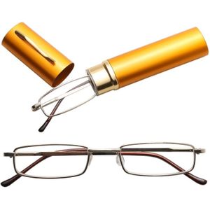 Leesbrillen metalen voorjaar voet draagbare Presbyopische bril met buis geval + 1.50 D (geel)